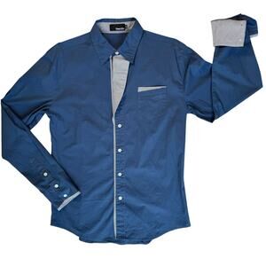 Blue Button Down Dress Shirt Mens Large Fitted Lapel Cuff Accent Going Out Chic